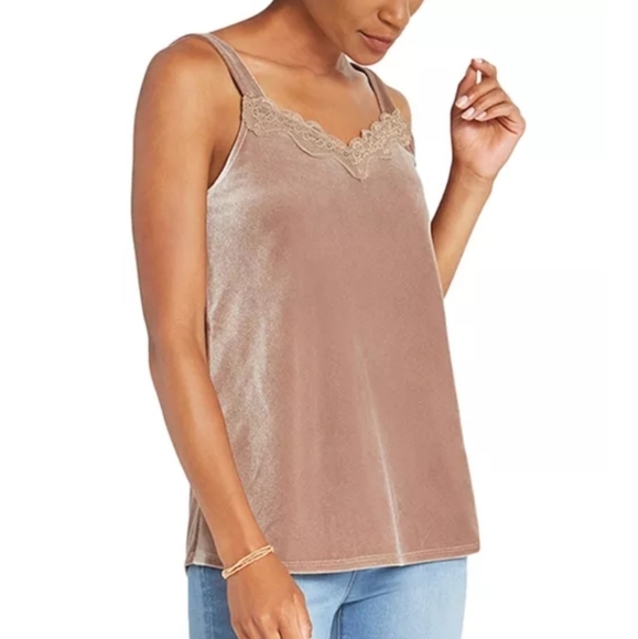 NIC+ZOE Lace Trim Velvet Cami Tank top NWT Womens Size Large VNeck Thick Neutral - Picture 1 of 13
